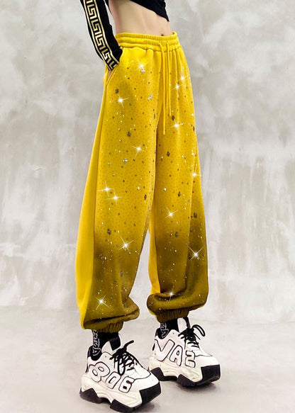 Casual Yellow Pockets Zircon Elastic Waist Warm Fleece Beam Pants Winter