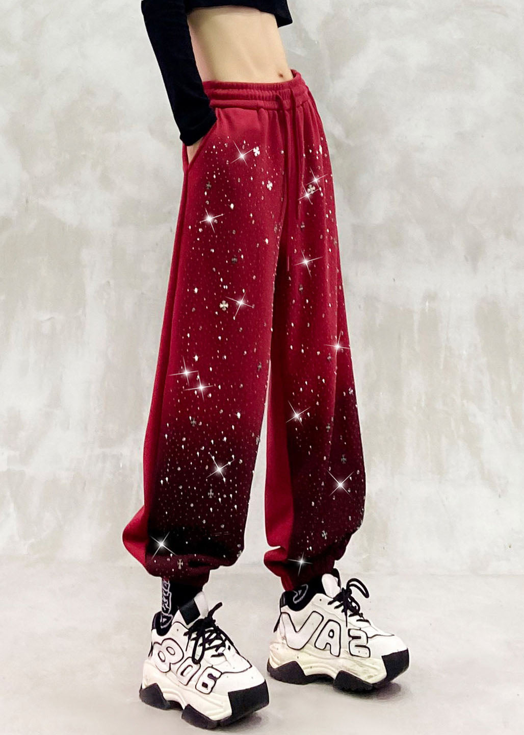 Casual Yellow Pockets Zircon Elastic Waist Warm Fleece Beam Pants Winter