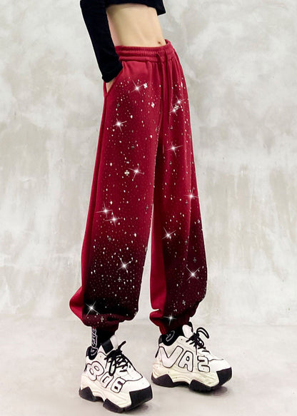 Casual Yellow Pockets Zircon Elastic Waist Warm Fleece Beam Pants Winter