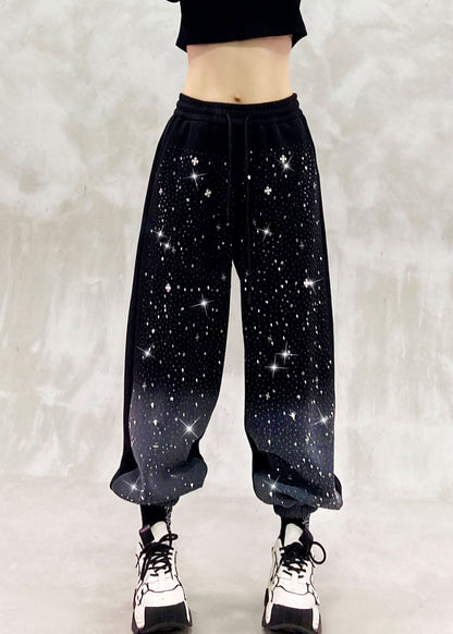 Casual Yellow Pockets Zircon Elastic Waist Warm Fleece Beam Pants Winter
