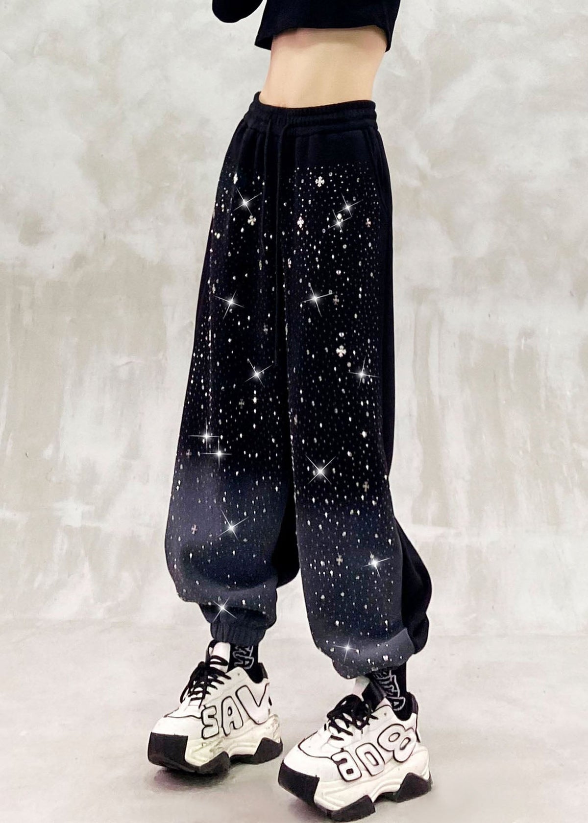 Casual Yellow Pockets Zircon Elastic Waist Warm Fleece Beam Pants Winter