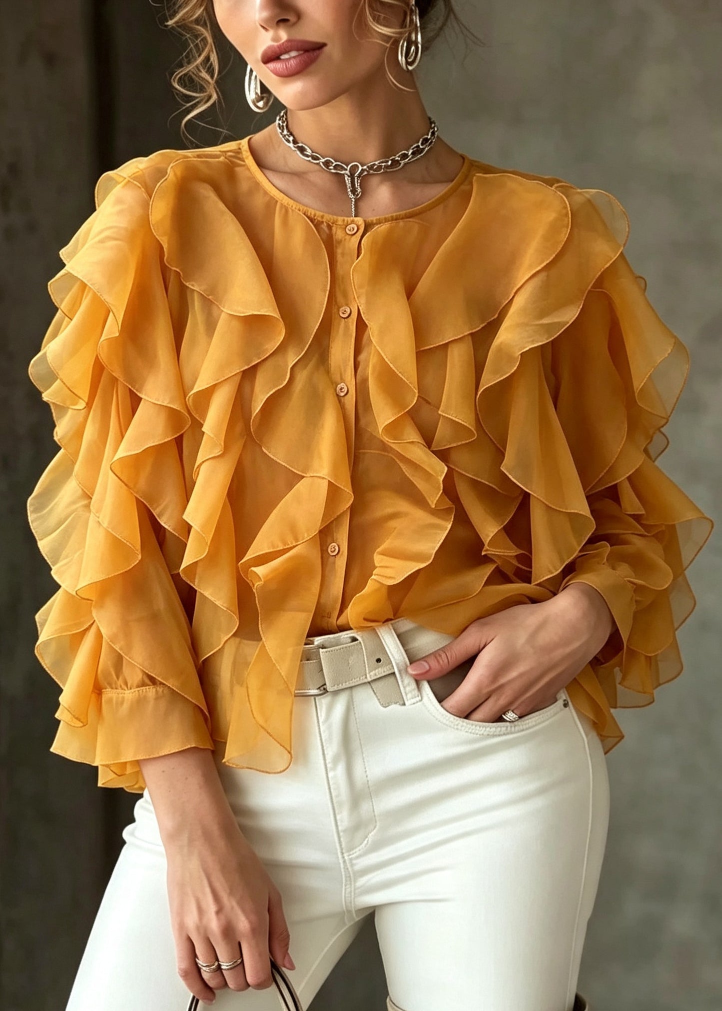 Casual Yellow Ruffled Chiffon Loose Shirts Summer