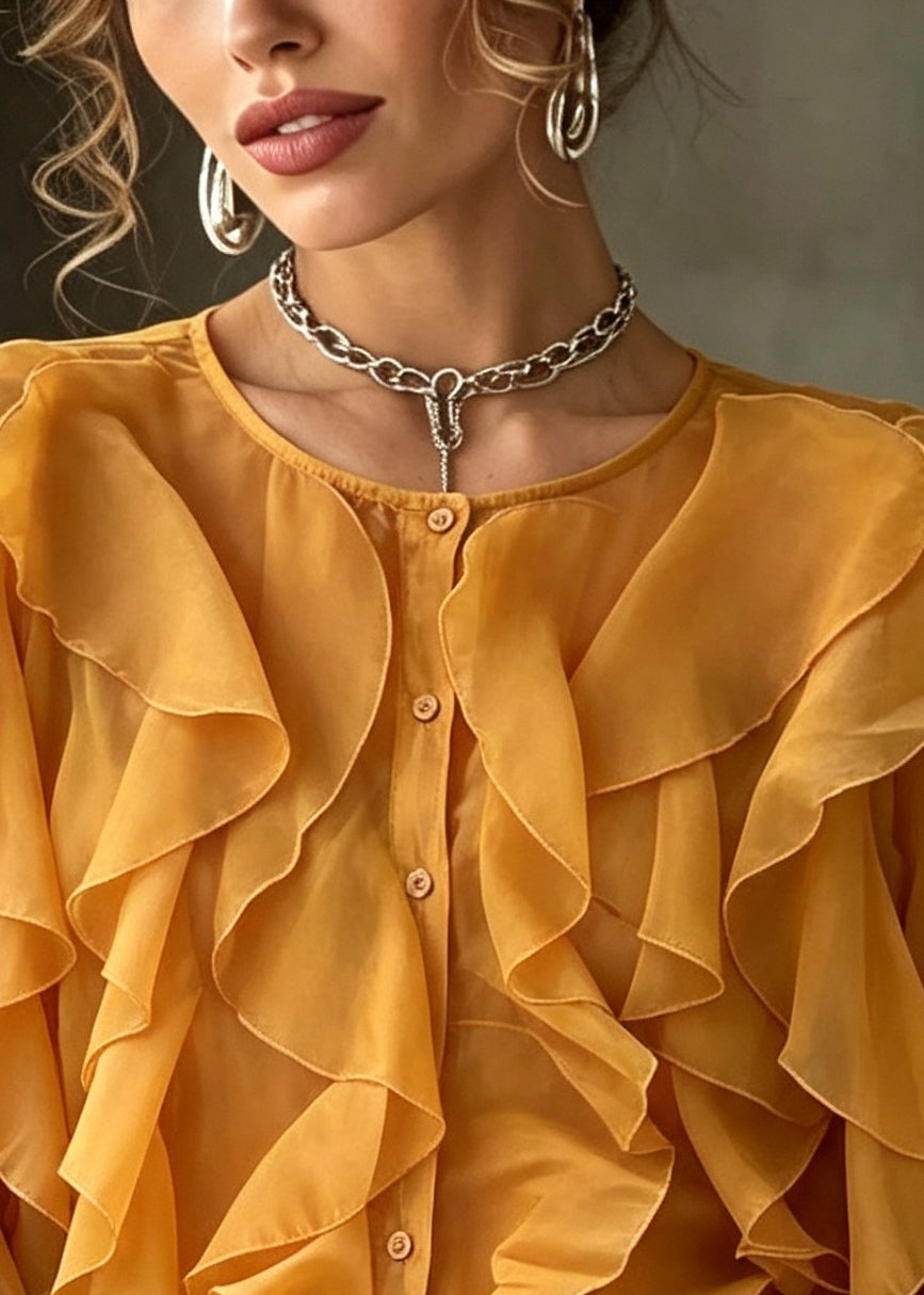 Casual Yellow Ruffled Chiffon Loose Shirts Summer