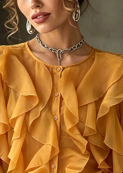 Casual Yellow Ruffled Chiffon Loose Shirts Summer