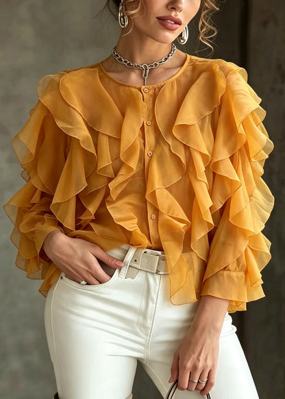 Casual Yellow Ruffled Chiffon Loose Shirts Summer