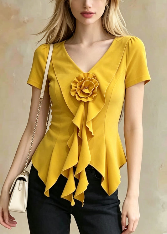 Casual Yellow Ruffled Floral Cotton Top Summer