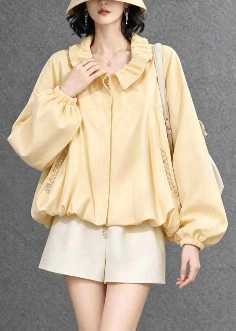 Casual Yellow Ruffled Nail Bead Pockets Zip Up Jacket Fall