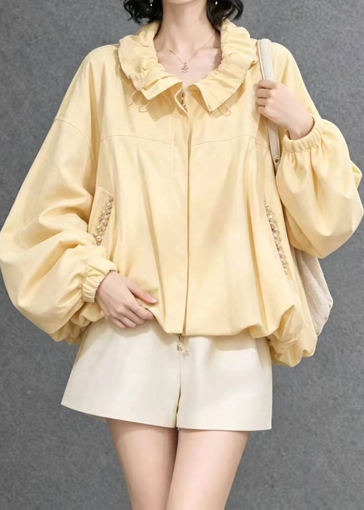 Casual Yellow Ruffled Nail Bead Pockets Zip Up Jacket Fall