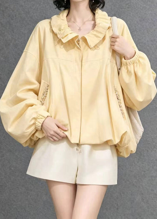 Casual Yellow Ruffled Nail Bead Pockets Zip Up Jacket Fall