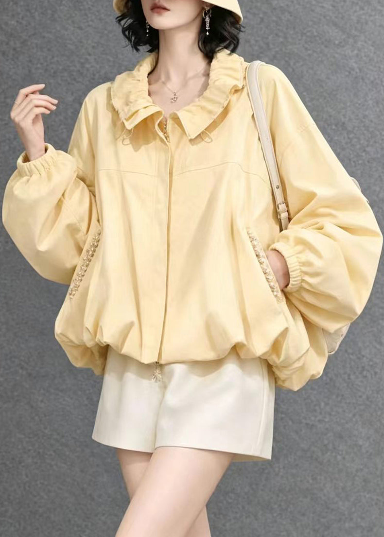 Casual Yellow Ruffled Nail Bead Pockets Zip Up Jacket Fall
