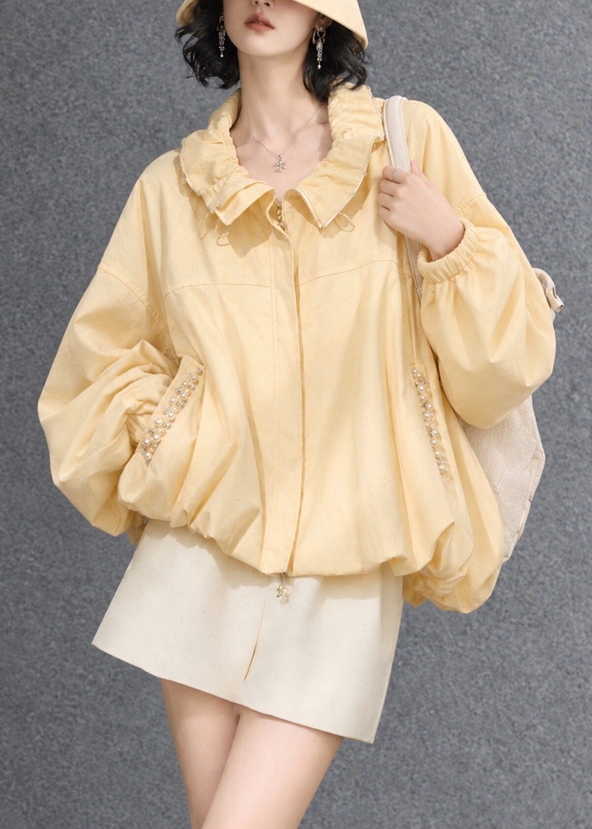 Casual Yellow Ruffled Nail Bead Pockets Zip Up Jacket Fall