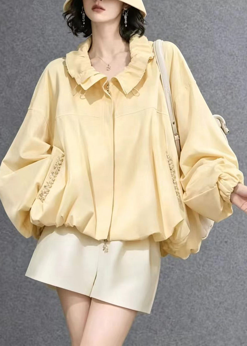 Casual Yellow Ruffled Nail Bead Pockets Zip Up Jacket Fall