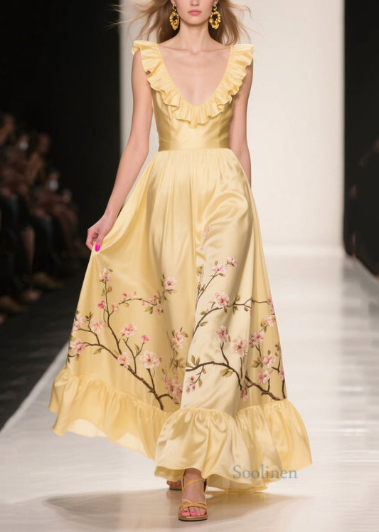 Casual Yellow Ruffles Print Silk Vestidos Dress Summer