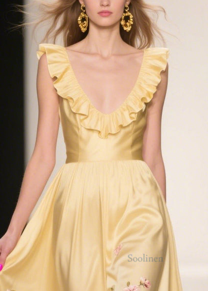 Casual Yellow Ruffles Print Silk Vestidos Dress Summer