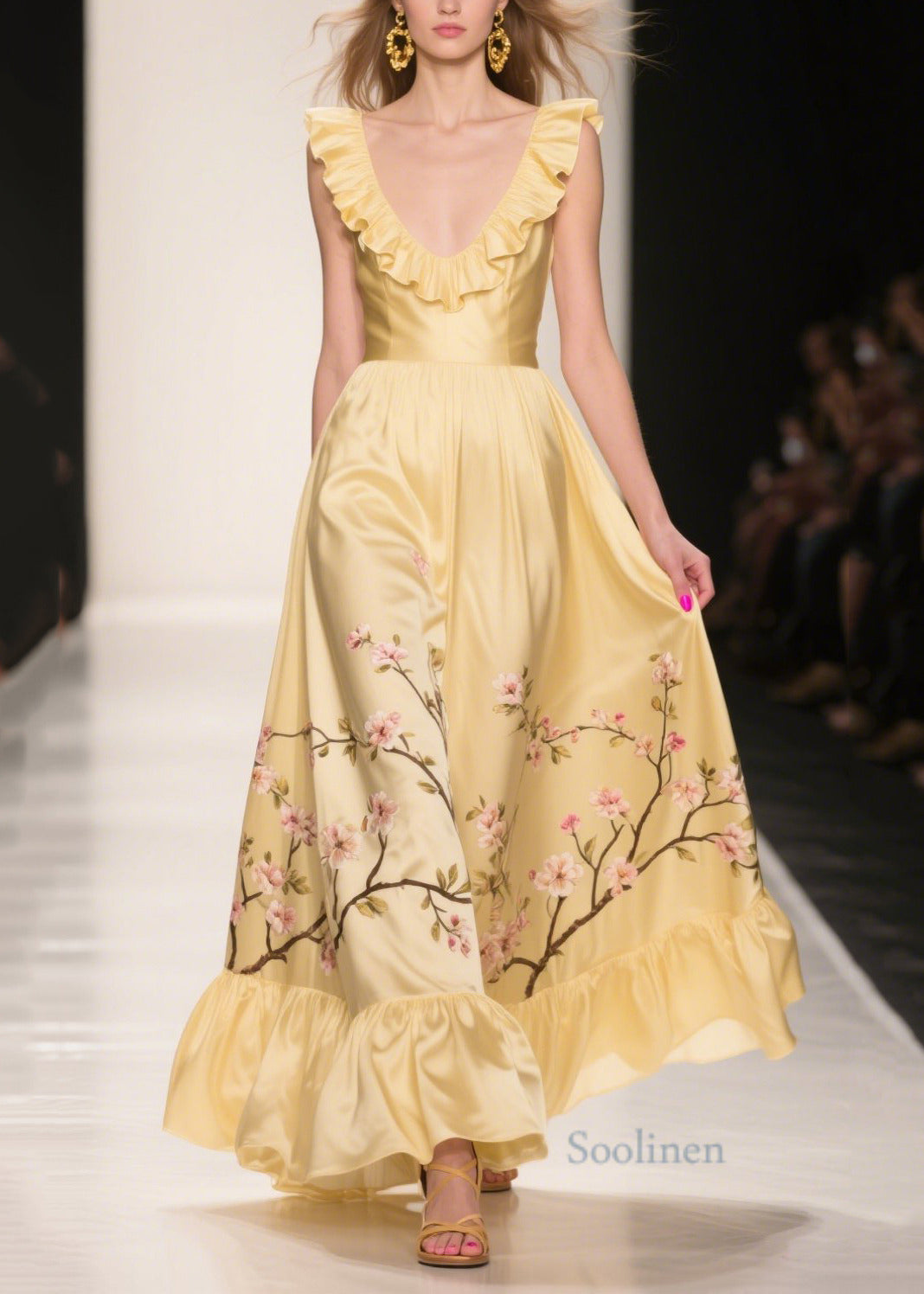 Casual Yellow Ruffles Print Silk Vestidos Dress Summer