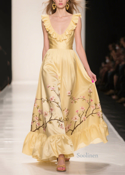 Casual Yellow Ruffles Print Silk Vestidos Dress Summer