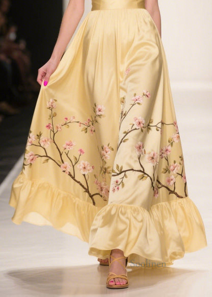 Casual Yellow Ruffles Print Silk Vestidos Dress Summer