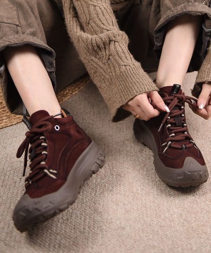 Casual Yellow Splicing Cowhide Leather Platform Sport Shoes Lace Up