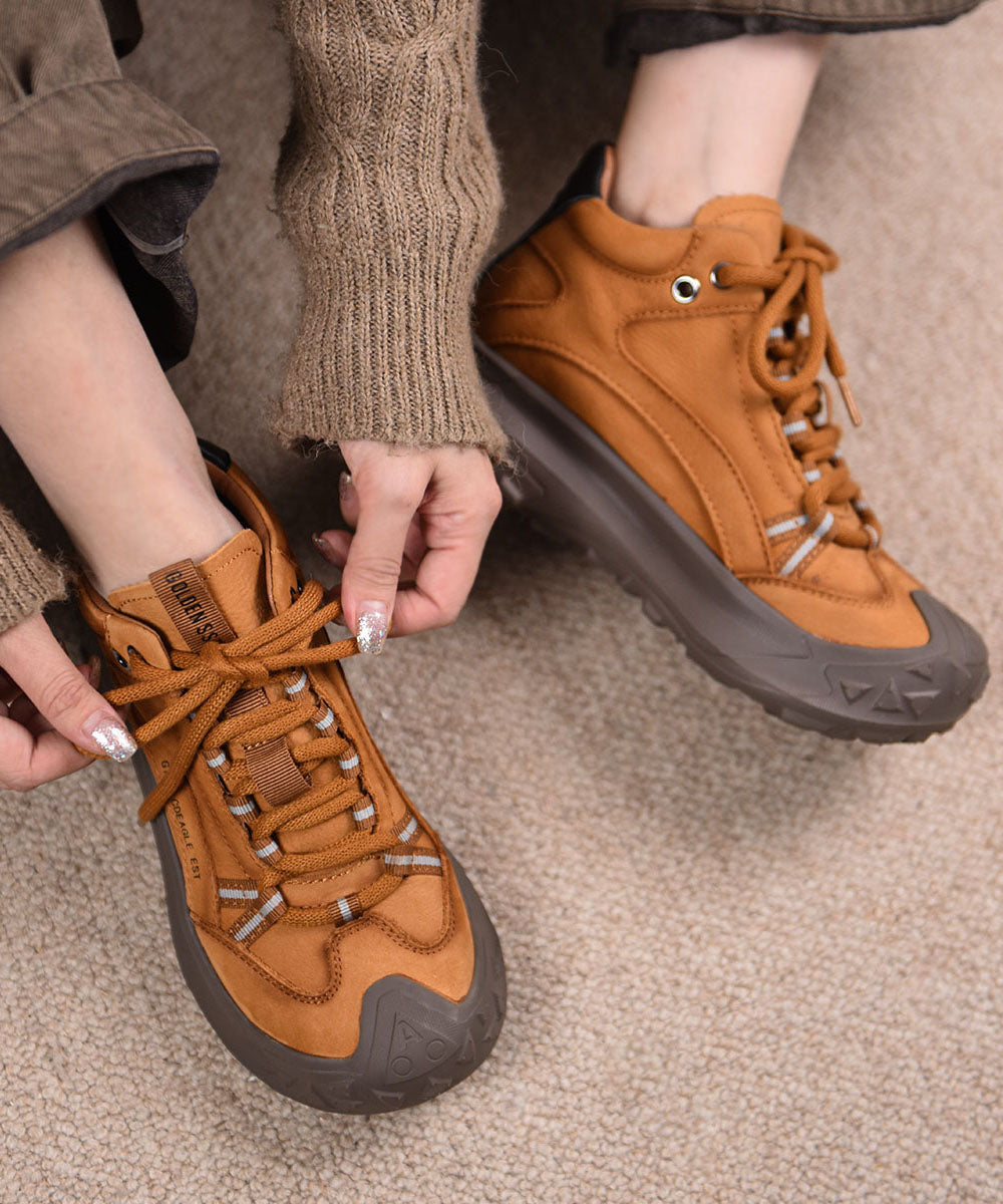 Casual Yellow Splicing Cowhide Leather Platform Sport Shoes Lace Up