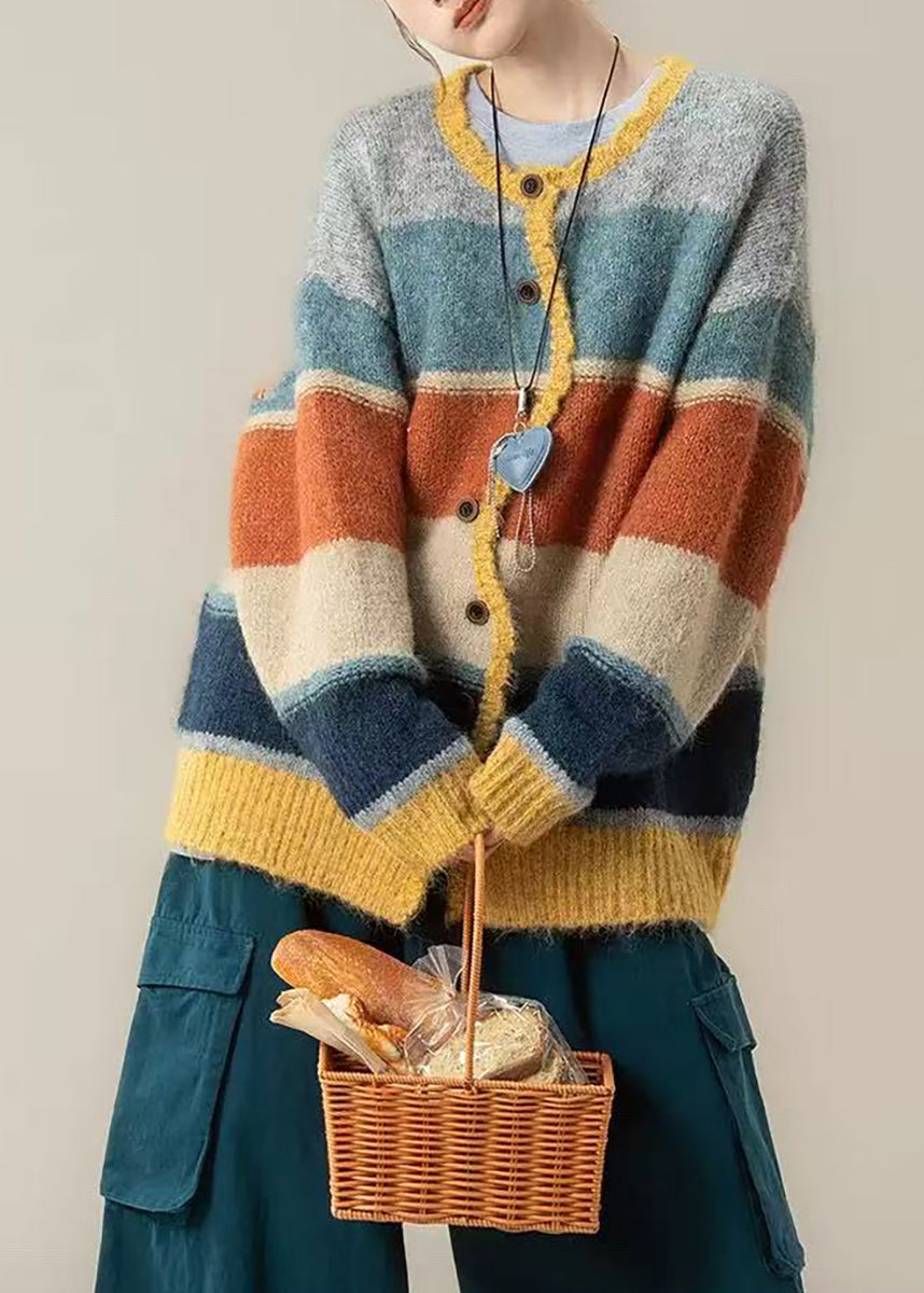 Casual Yellow Striped O-Neck Cotton Knit Cardigans Fall