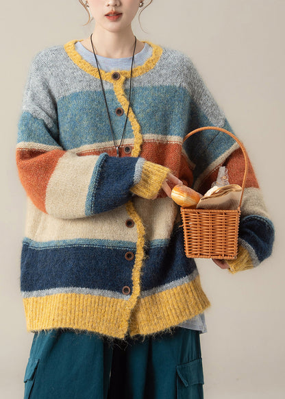 Casual Yellow Striped O-Neck Cotton Knit Cardigans Fall
