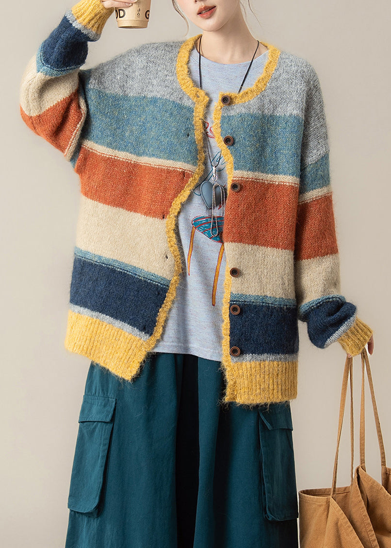 Casual Yellow Striped O-Neck Cotton Knit Cardigans Fall