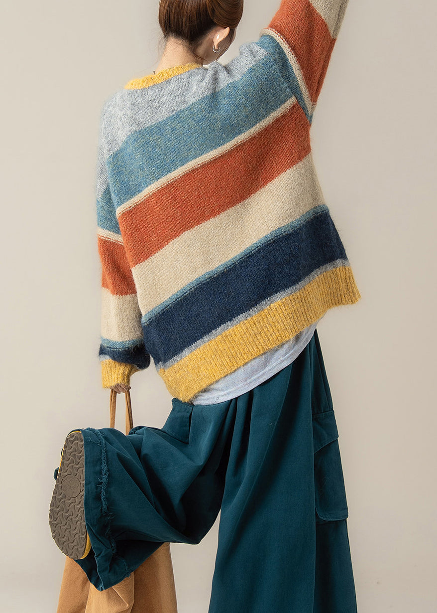 Casual Yellow Striped O-Neck Cotton Knit Cardigans Fall