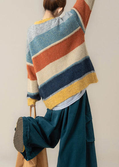 Casual Yellow Striped O-Neck Cotton Knit Cardigans Fall