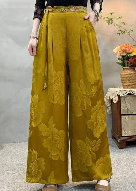 Casual Yellow Tassel Embroidered Pockets Silk Pants Fall