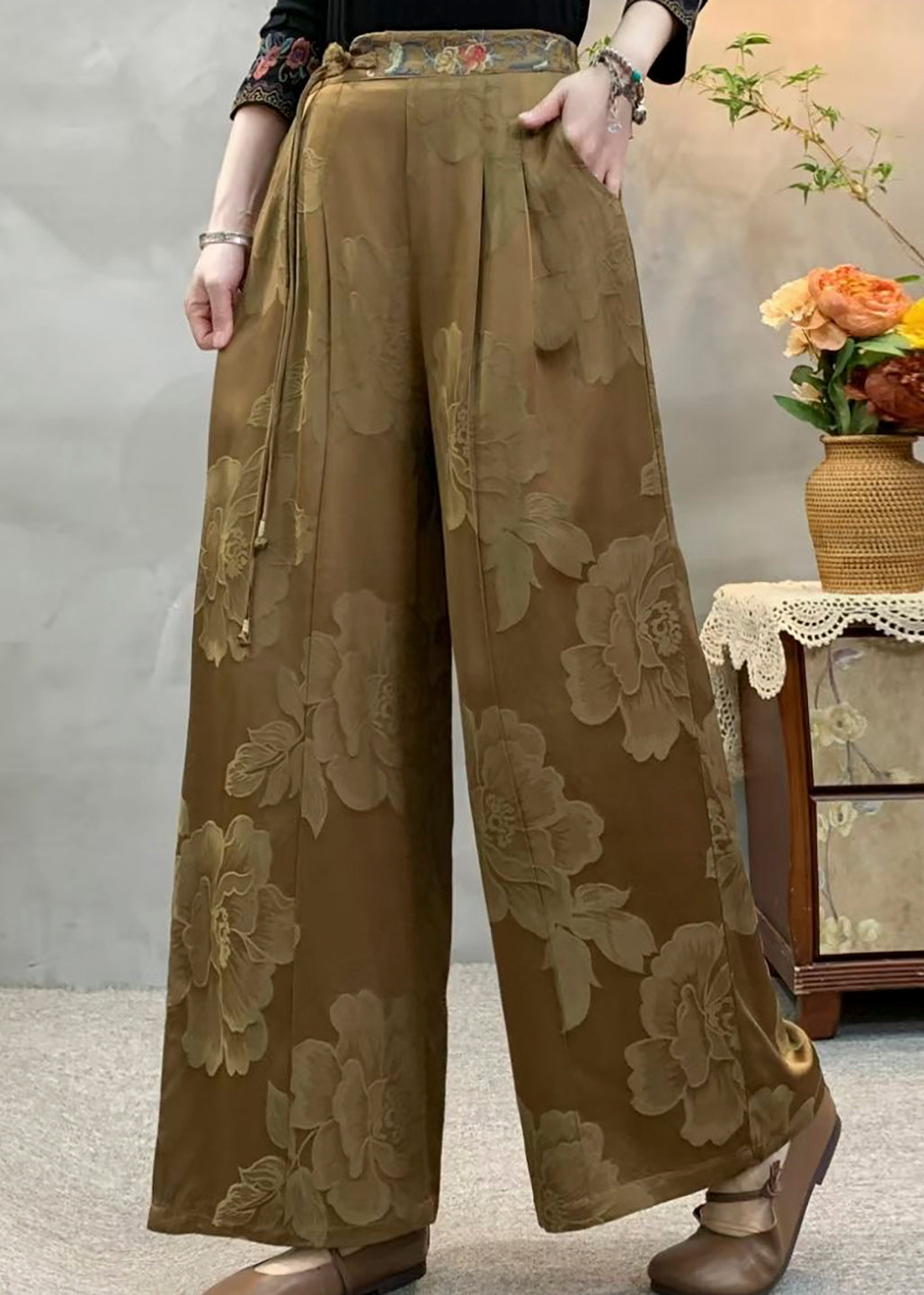 Casual Yellow Tassel Embroidered Pockets Silk Pants Fall