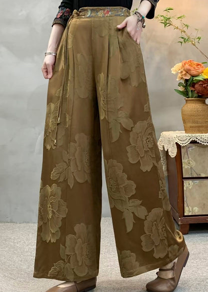 Casual Yellow Tassel Embroidered Pockets Silk Pants Fall