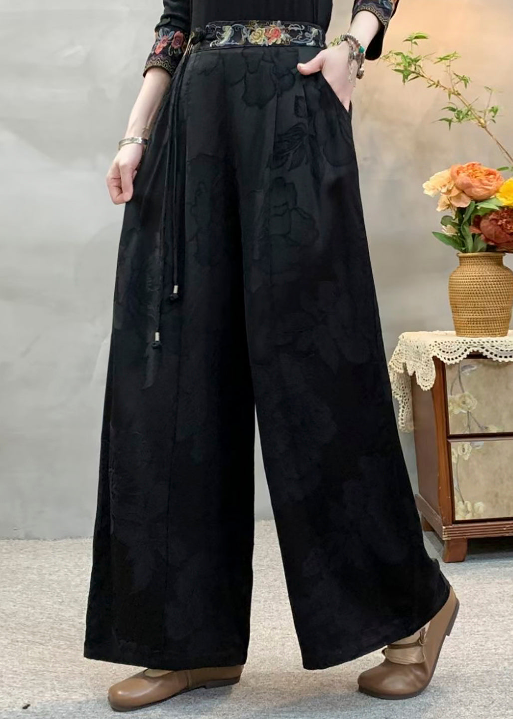 Casual Yellow Tassel Embroidered Pockets Silk Pants Fall