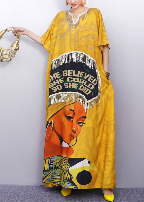 Casual Yellow Tasseled Print Cotton Maxi Dress Summer