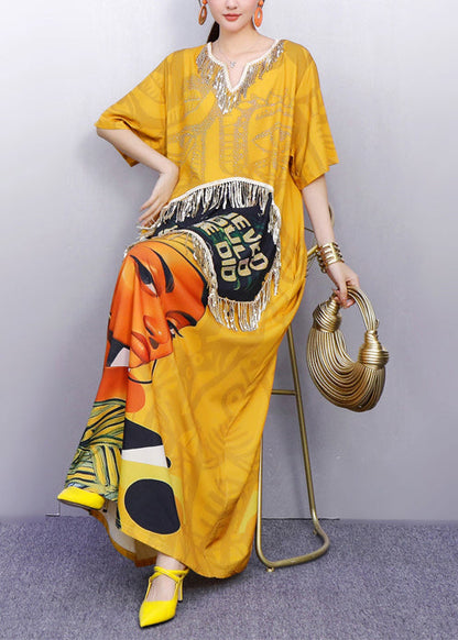 Casual Yellow Tasseled Print Cotton Maxi Dress Summer