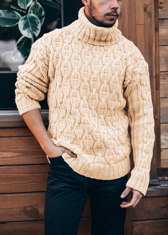 Casual Yellow Thick Cable Knit Men Sweater Tops Turtleneck Winter