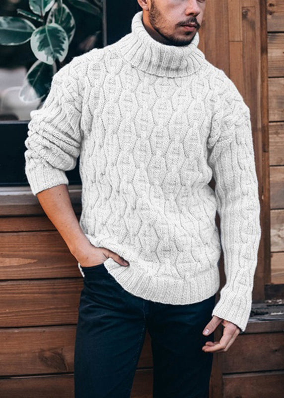 Casual Yellow Thick Cable Knit Men Sweater Tops Turtleneck Winter