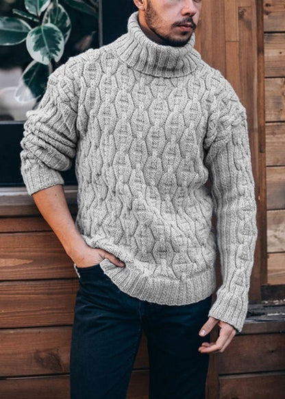 Casual Yellow Thick Cable Knit Men Sweater Tops Turtleneck Winter