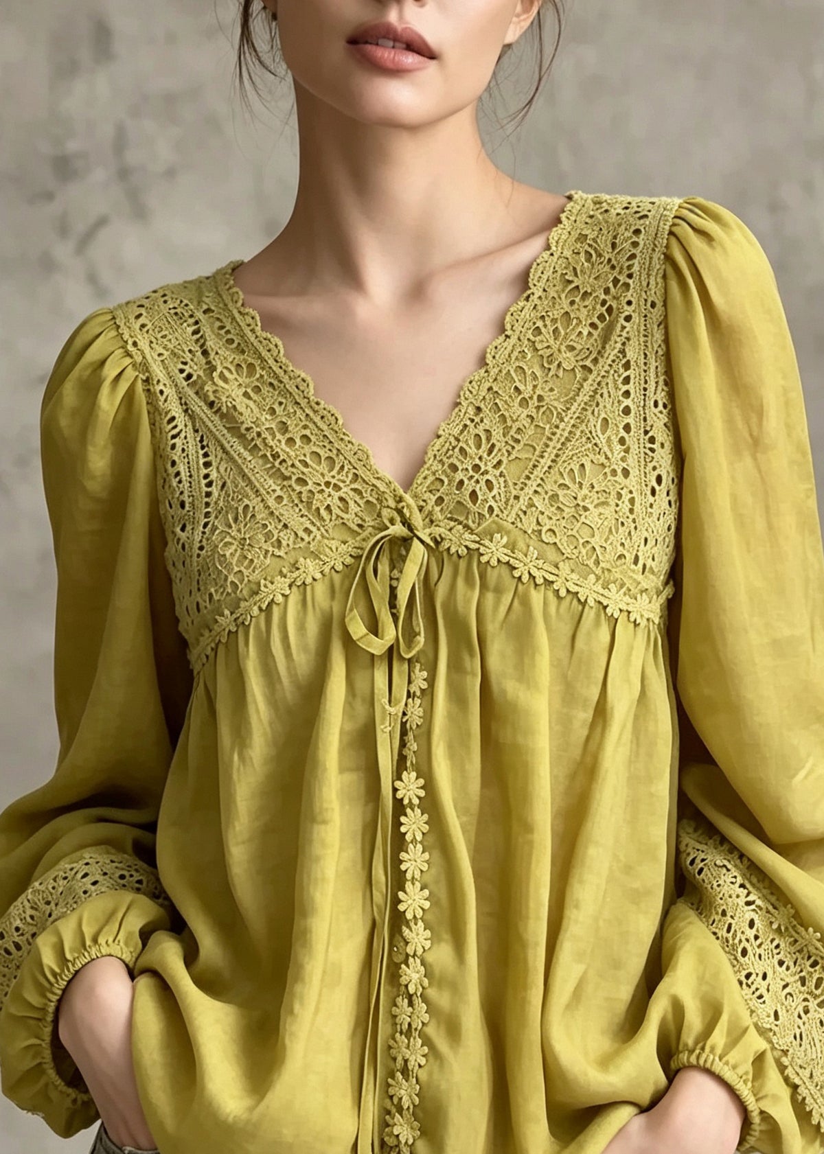 Casual Yellow V Neck Embroidered Patchwork Cotton Blouses Fall