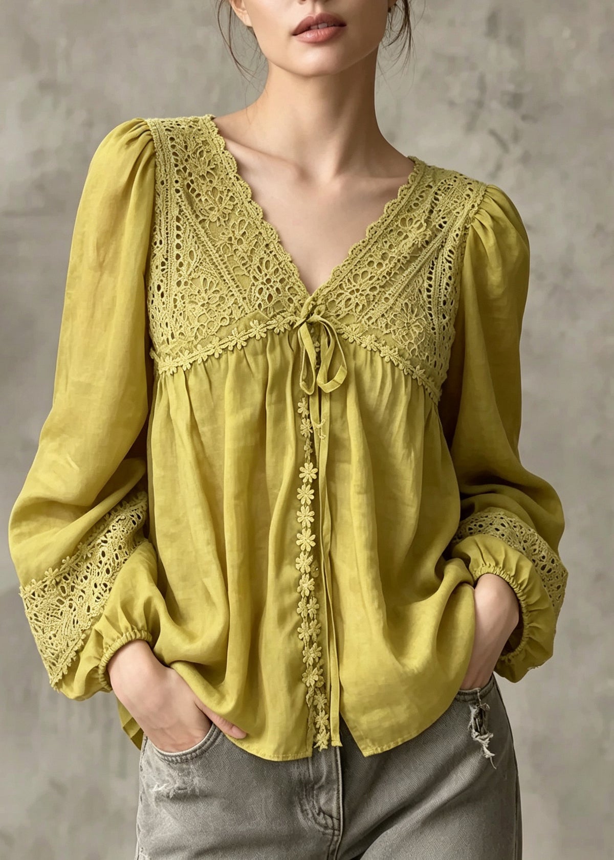 Casual Yellow V Neck Embroidered Patchwork Cotton Blouses Fall