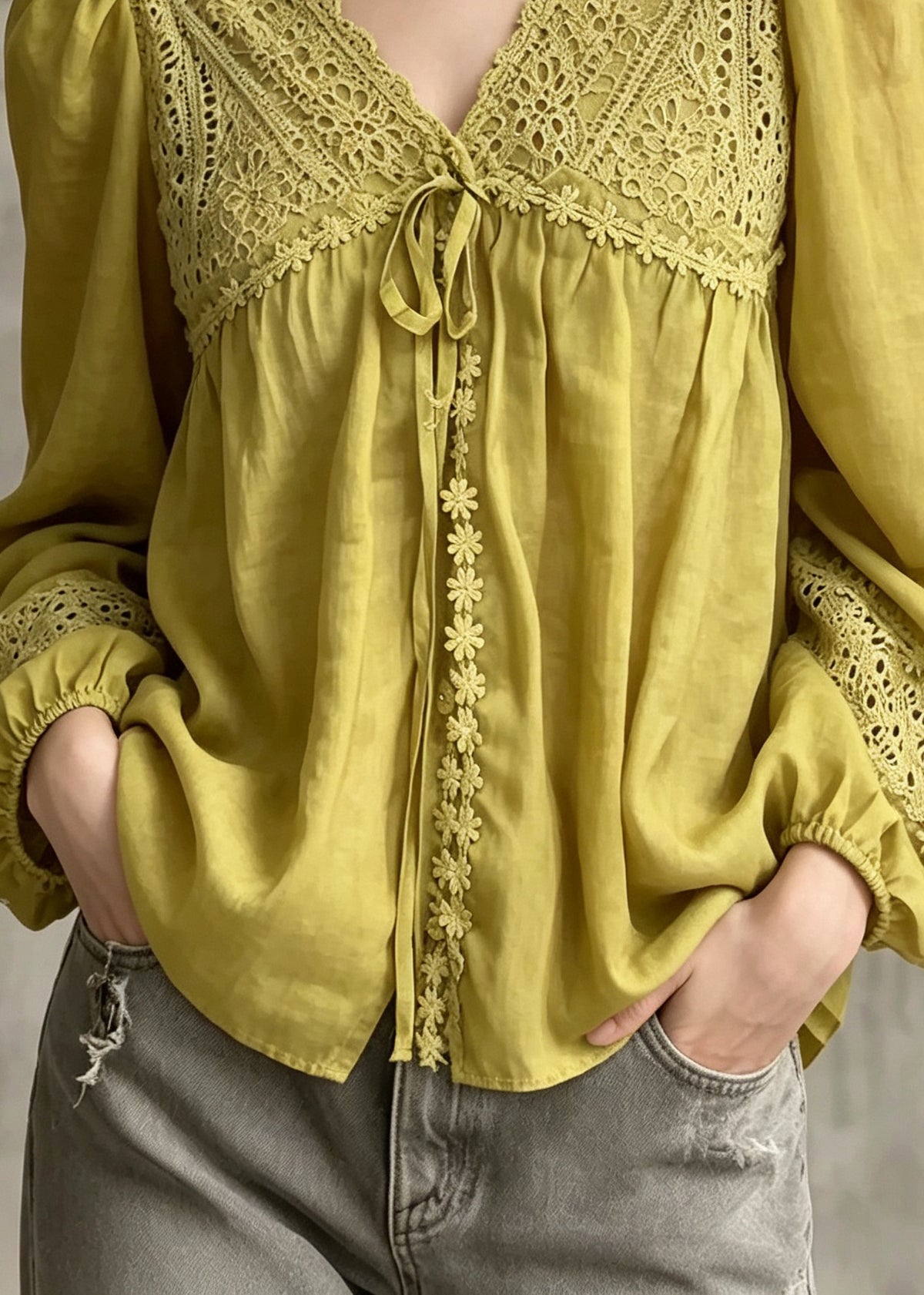 Casual Yellow V Neck Embroidered Patchwork Cotton Blouses Fall