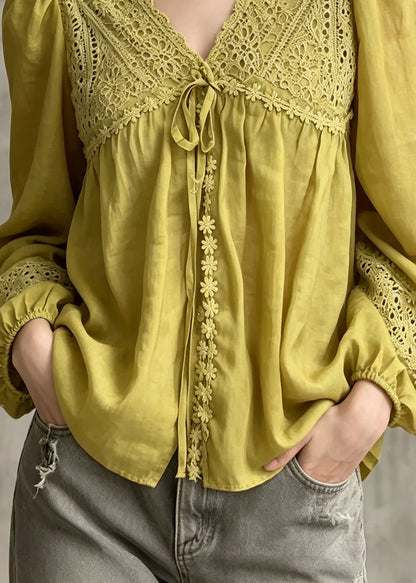 Casual Yellow V Neck Embroidered Patchwork Cotton Blouses Fall