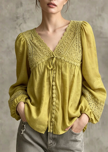 Casual Yellow V Neck Embroidered Patchwork Cotton Blouses Fall