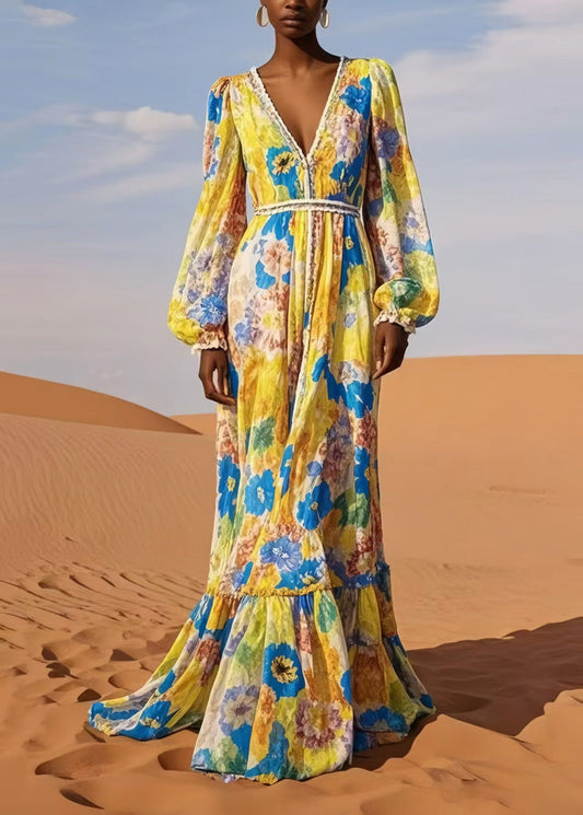 Casual Yellow V Neck Print Chiffon Beach Dress Spring