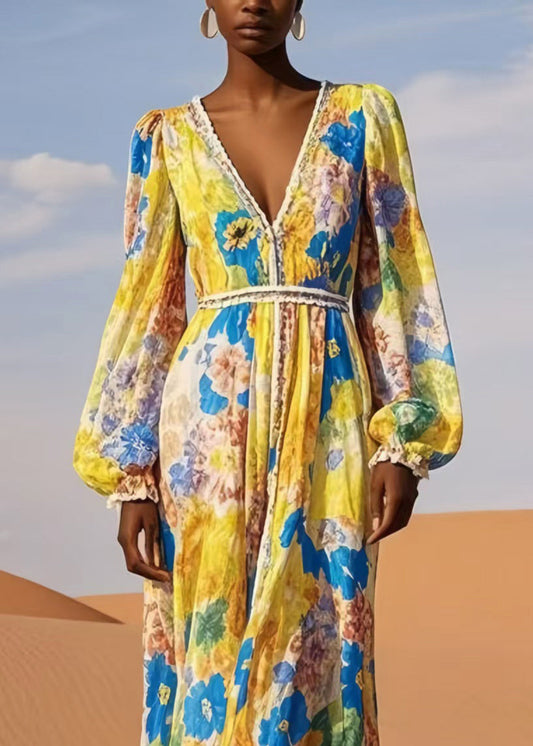 Casual Yellow V Neck Print Chiffon Beach Dress Spring