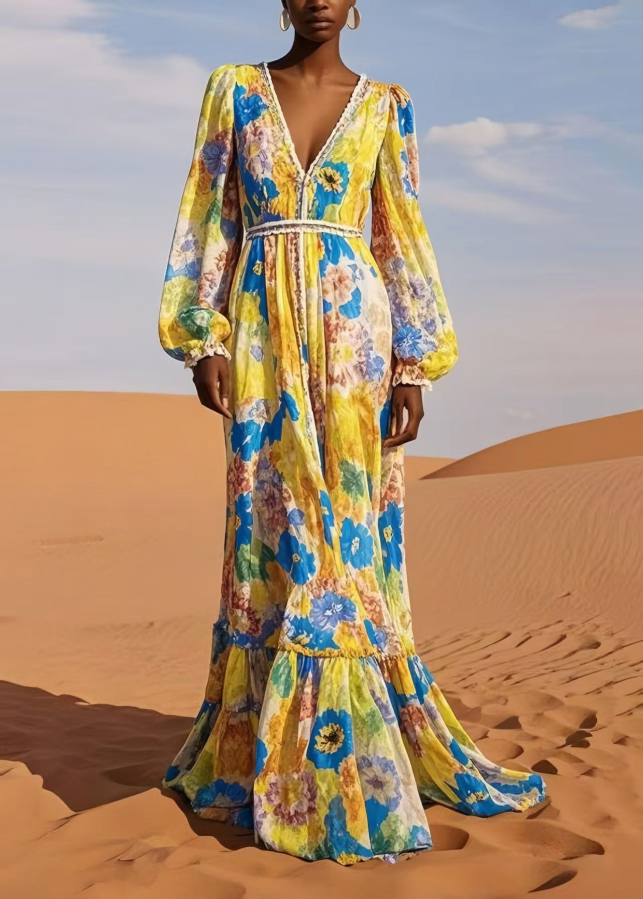 Casual Yellow V Neck Print Chiffon Beach Dress Spring