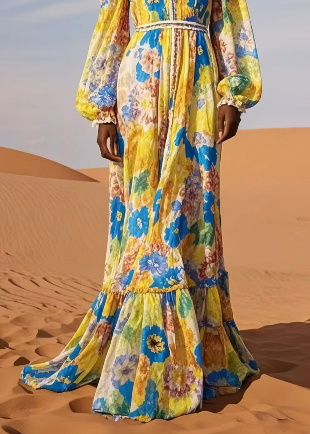 Casual Yellow V Neck Print Chiffon Beach Dress Spring