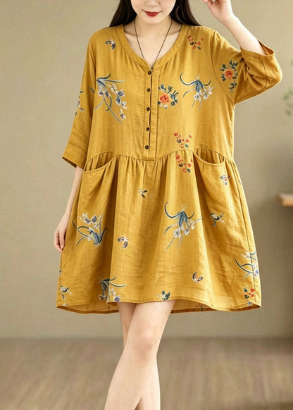 Casual Yellow V Neck Print Pockets Patchwork Cotton Dress Summer
