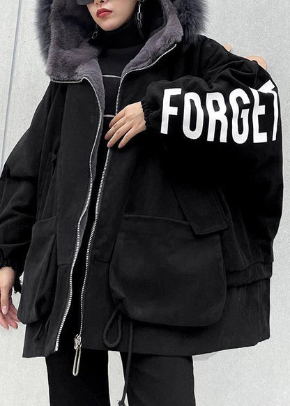 Casual black Letter coats plus size snow jackets faux fur collar pockets coats - SooLinen