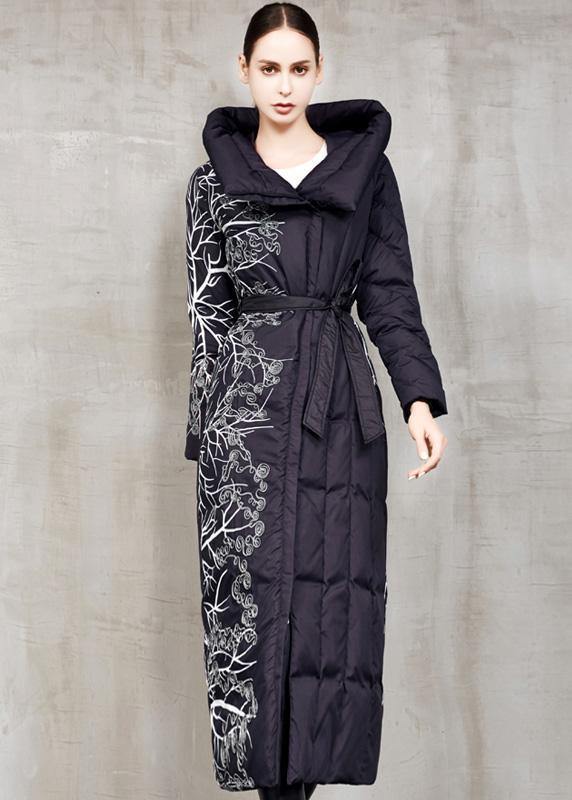 Casual black prints down jacket woman oversize hooded winter jacket tie waist New winter outwear - SooLinen