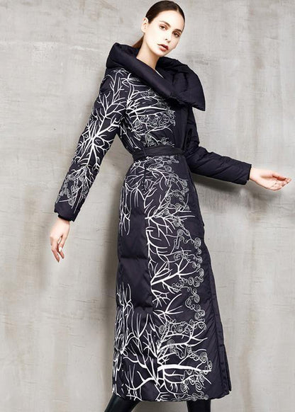 Casual black prints down jacket woman oversize hooded winter jacket tie waist New winter outwear - SooLinen